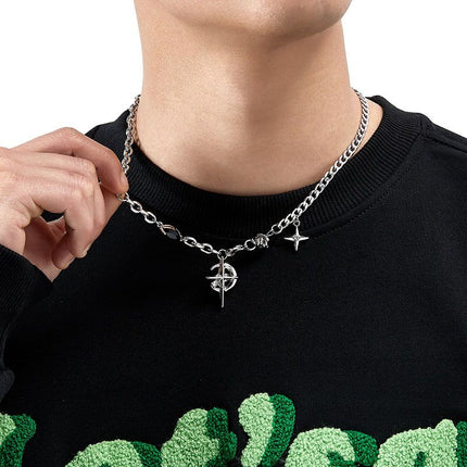Gothic Cross & North Star Dual-Pendant Splicing Necklace for Men and Women - Titanium Steel Iced Out Cuban Link Chain with Black Gemstone Accents