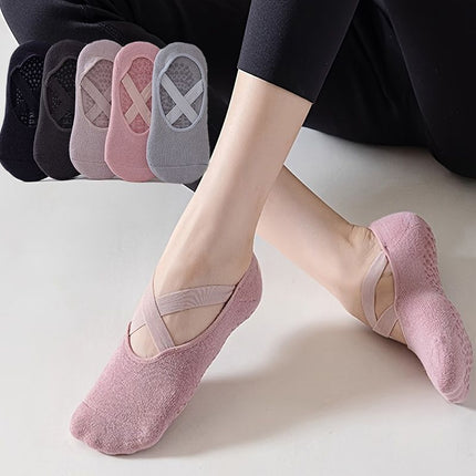 5-Pair Purple Premium Non-Slip Yoga & Pilates Socks with Elastic Cross-Straps - Breathable Cotton Ballet-Style High Grip Socks