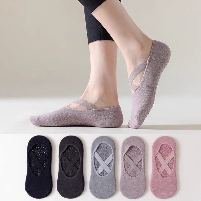 5-Pair Dark Purple Premium Non-Slip Yoga & Pilates Socks with Elastic Cross-Straps – product detail