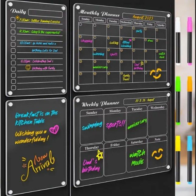 4-Piece Magnetic Acrylic Fridge Monthly Plus Weekly Plus Daily Planner Boards Set