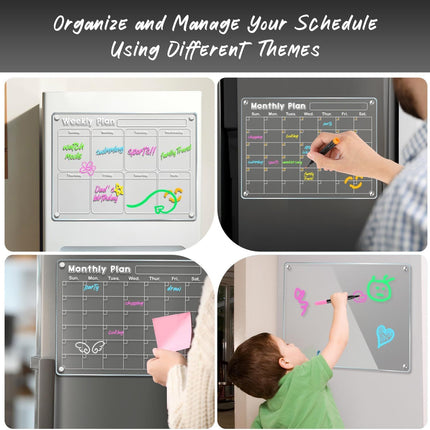 4-Piece Magnetic Acrylic Fridge Monthly + Weekly + Daily Planner Boards Set - Reusable Minimalist Memo Board with 6 Markers and Dry Eraser