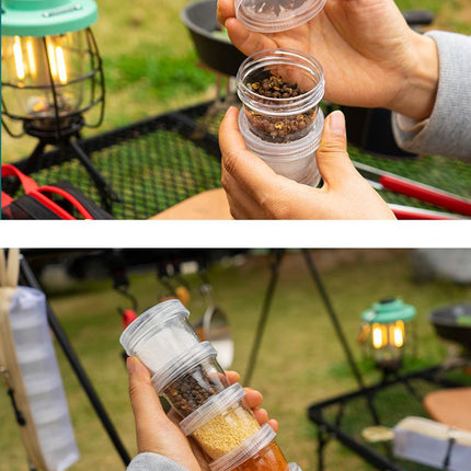 5-Piece Lightweight Stackable Outdoor Spice Jar Set for BBQ Picnic & Travel - Portable Camping Seasoning Kit with Black Mesh Storage Bag