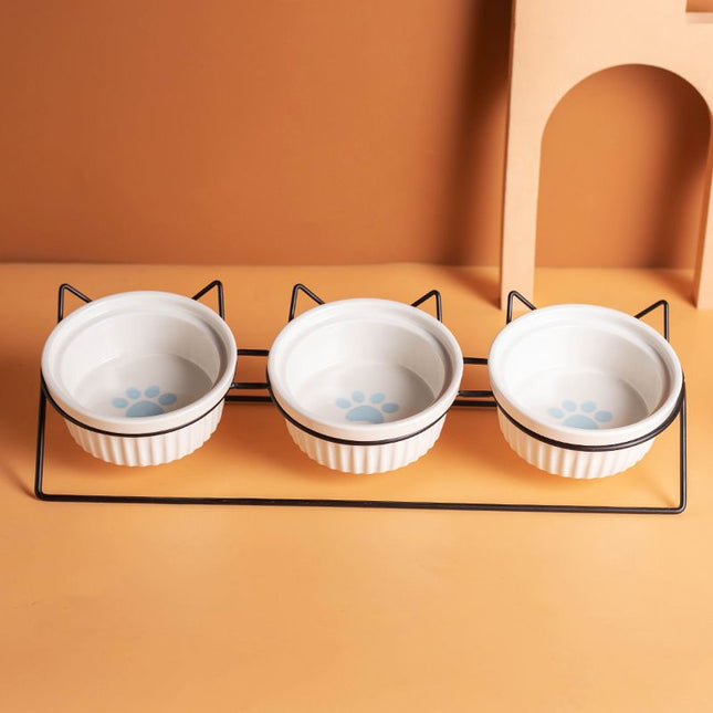 Triple Slanted Ceramic Pet Bowl Set with Elevated Iron Stand and Non Slip V888-ELOSUNG49880