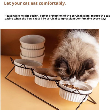 Triple Slanted Ceramic Pet Bowl Set with Elevated Iron Stand and Non Slip Base - 3 x 300ML Versatile Blue Cat Paw Print Pattern Dishes for Water & Food