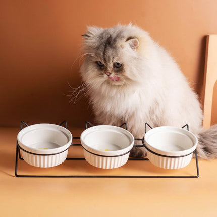 Triple Slanted Ceramic Pet Bowl Set with Elevated Iron Stand and Non Slip Base - 3 x 300ML Versatile Blue Cat Paw Print Pattern Dishes for Water & Food
