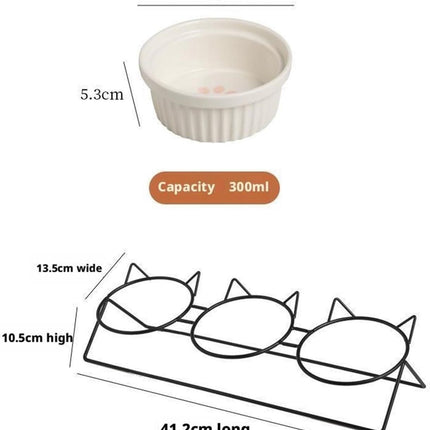 Triple Slanted Ceramic Pet Bowl Set with Elevated Iron Stand and Non Slip Base - 3 x 300ML Versatile Black Cat Paw Print Pattern Dishes for Water & Food