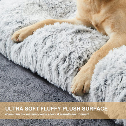 55 x 40 CM Winter Long Plush Dog Bed for Large Dogs - 10CM Thickened Fluffy Faux Fur Pad - Calming Anti Anxiety Pet Cushion with Non-Slip Bottom, Removable & Washable Heavy Duty Bedding, Grey S Size