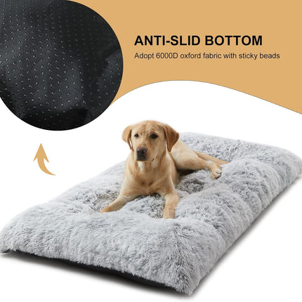 55 x 40 CM Winter Long Plush Dog Bed for Large Dogs - 10CM Thickened Fluffy Faux Fur Pad - Calming Anti Anxiety Pet Cushion with Non-Slip Bottom, Removable & Washable Heavy Duty Bedding, Grey S Size