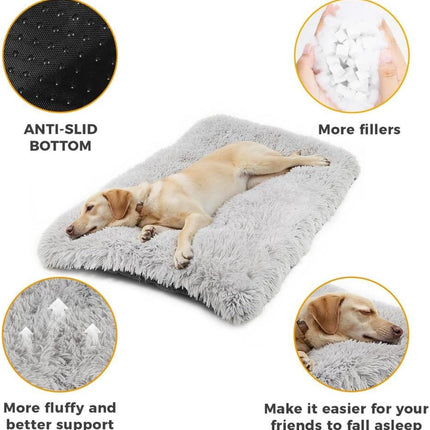 110 x 75 CM Winter Long Plush Dog Bed for Large Dogs - 10CM Thickened Fluffy Faux Fur Pad - Calming Anti Anxiety Pet Cushion with Non-Slip Bottom, Removable & Washable Heavy Duty Bedding, Grey 2XL Size