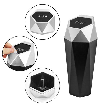 550ML Silver Car Trash Can with Automatic Rebound Lid & Diamond Design - Portable Waste Bin and Odour Proof Storage, Easy to Clean for Office Home Car Center Console