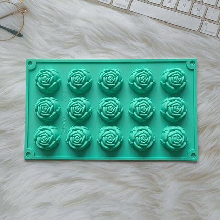2PCS Green 3D Rose Shaped Silicone Baking Mold (15 Cavity) - Non-Stick Cake Chocolates & Jelly Pan - Durable Flexible Easy Release for Holiday Desserts