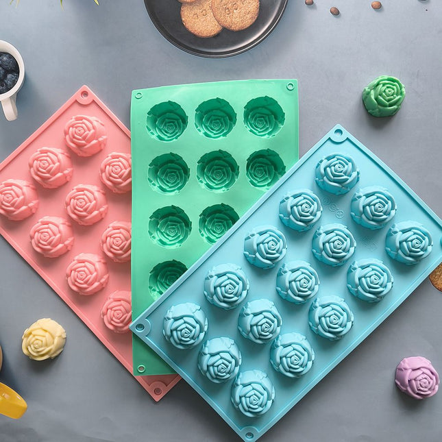 3PCS 3D Rose Shaped Silicone Baking Mold (15 Cavity Pink Plus Blue Plus V888-ELOSUNG49954