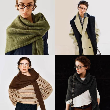 Green Retro Wool Blend 190x70cm Knitted Triangle Scarf - Multifunction Warm Shawl Wrap with Elegant Minimalist Design for Fall Winter Versatile Styling
