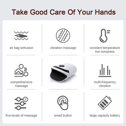 White Portable Electric Hand Massager - USB-C Rechargeable, Airbag Compression, Graphene 42℃ Constant Heating & 5 Levels Intensity for Everyday Use and Arthritis Carpal Tunnel Relief