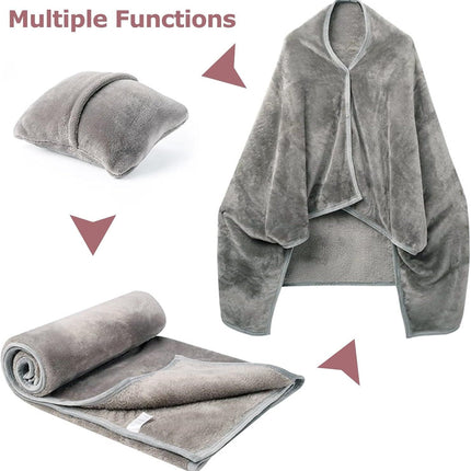 3-in-1 Portable Travel Blanket / Pillow / Wearable Shawl with Snap & Envelope Folding Design - 230GSM Soft Flannel Thickened Nap Blanket for Airplane Office Home, Space Saving & Machine Washable, Black 40 x 60 inch