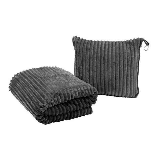 2-in-1 Dark Grey Soft Ribbed Flannel Travel Blanket/Folding Zipper Pillow with Luggage Strap &