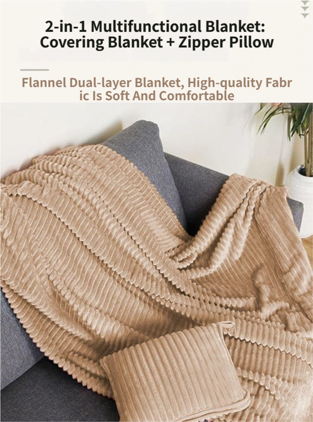 2-in-1 Dark Grey Soft Ribbed Flannel Travel Blanket/Folding Zipper Pillow with Luggage Strap & – product detail