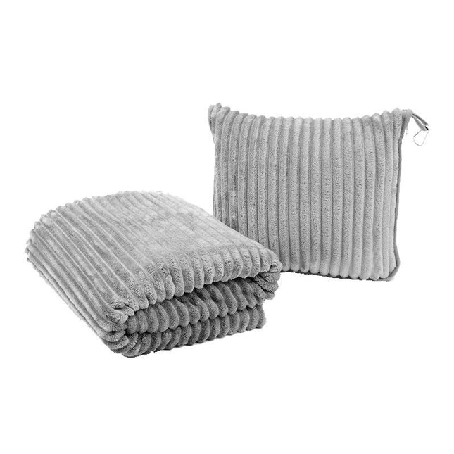 2-in-1 Light Grey Soft Ribbed Flannel Travel Blanket/Folding Zipper Pillow with Luggage Strap &