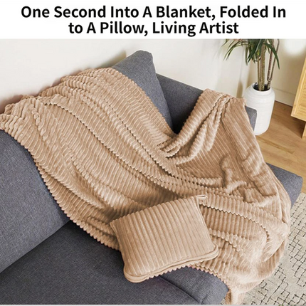 2-in-1 Light Grey Soft Ribbed Flannel Travel Blanket / Folding Zipper Pillow with Luggage Strap & Hook - 40x60 Inch Portable Dual-Layer Fleece Nap Blanket for Airplane Travel Office Camping