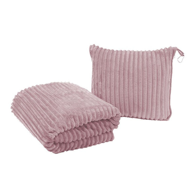 2-in-1 Pink Soft Ribbed Flannel Travel Blanket/Folding Zipper Pillow with Luggage Strap &