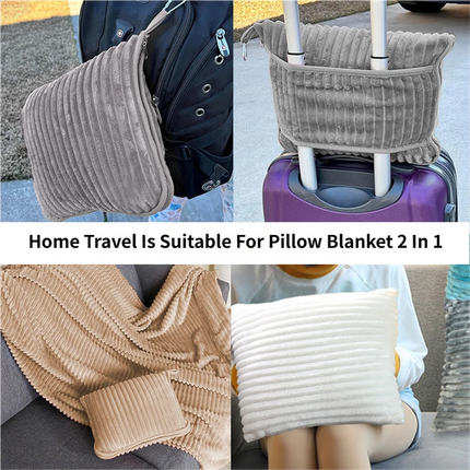 2-in-1 Pink Soft Ribbed Flannel Travel Blanket / Folding Zipper Pillow with Luggage Strap & Hook - 40x60 Inch Portable Dual-Layer Fleece Nap Blanket for Airplane Travel Office Camping