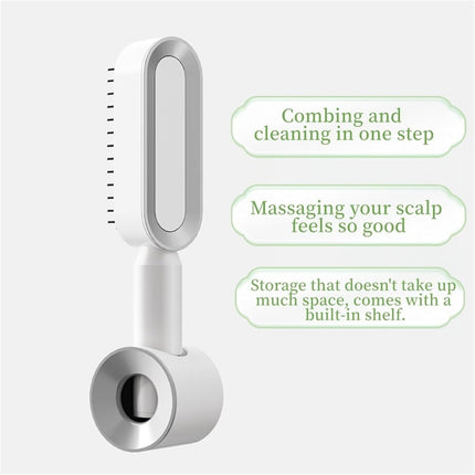 White 3D Airbag Massage Self Cleaning Hair Brush with Base - for Long Hair - One-Click Easy Hair Removal - Scalp Soothing Detangler for Professional Home Hair Care