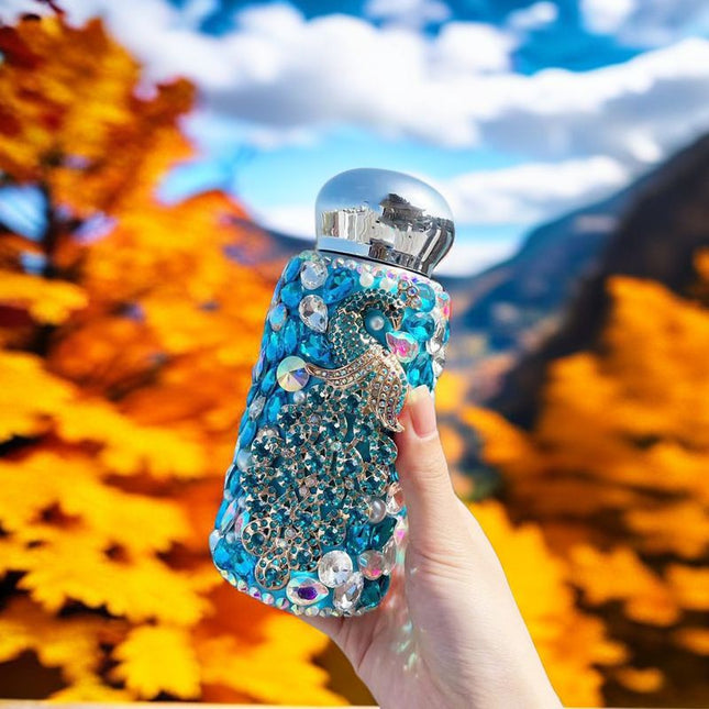 Blue Peacock Pattern Handmade Luxury Diamond Insulated Water Bottle Bling Rhinestone 304 Stainless Steel