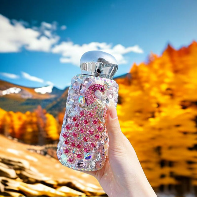 Pink Peacock Pattern Handmade Luxury Diamond Insulated Water Bottle Bling Rhinestone 304 Stainless Steel