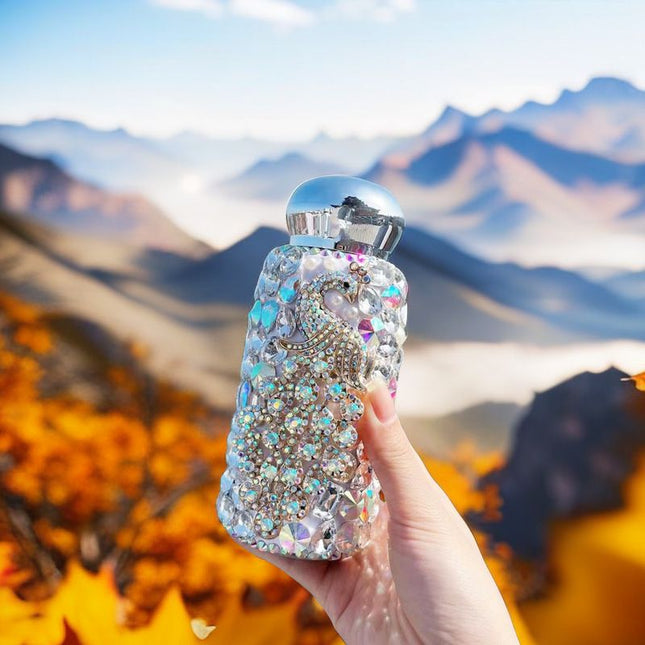 White Peacock Pattern Handmade Luxury Diamond Insulated Water Bottle Bling Rhinestone 304 Stainless Steel