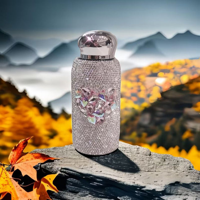 Pink Heart Pattern Handmade Luxury Diamond Insulated Water Bottle Bling Rhinestone 304 Stainless Steel