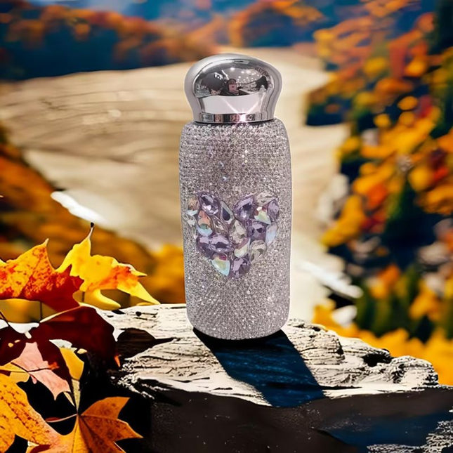 Purple Heart Pattern Handmade Luxury Diamond Insulated Water Bottle Bling Rhinestone 304 Stainless Steel