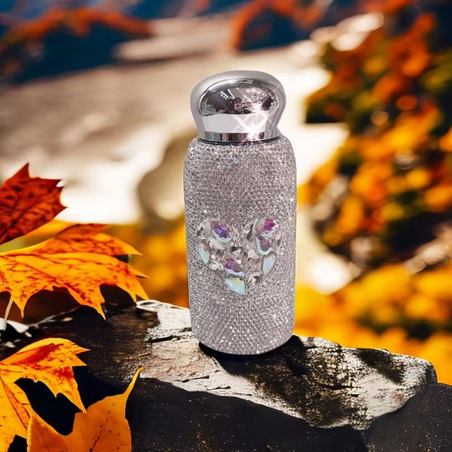 White Heart Pattern Handmade Luxury Diamond Insulated Water Bottle Bling Rhinestone 304 Stainless Steel