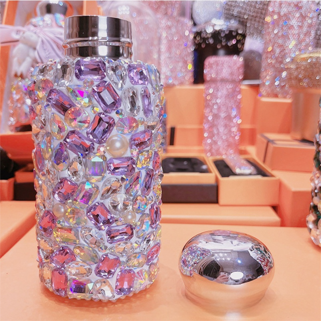Purple Square Crystal Handmade Luxury Diamond Insulated Water Bottle Bling Rhinestone 304 Stainless Steel