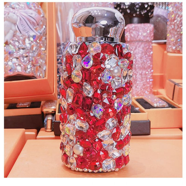 Red Square Crystal Handmade Luxury Diamond Insulated Water Bottle Bling Rhinestone 304 Stainless Steel