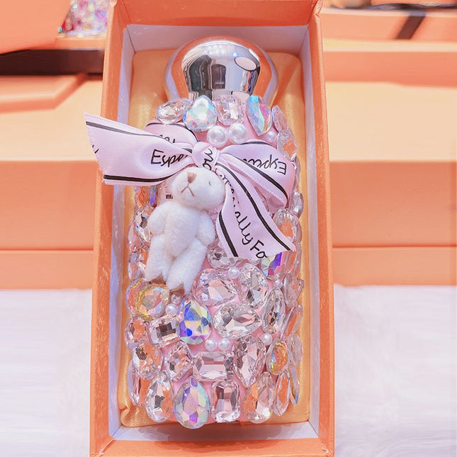 Pink Baby Bear Handmade Luxury Diamond Insulated Water Bottle Bling Rhinestone 304 Stainless Steel Pocket