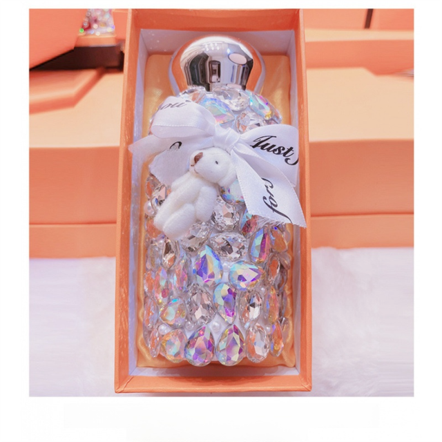 White Baby Bear Handmade Luxury Diamond Insulated Water Bottle Bling Rhinestone 304 Stainless Steel Pocket