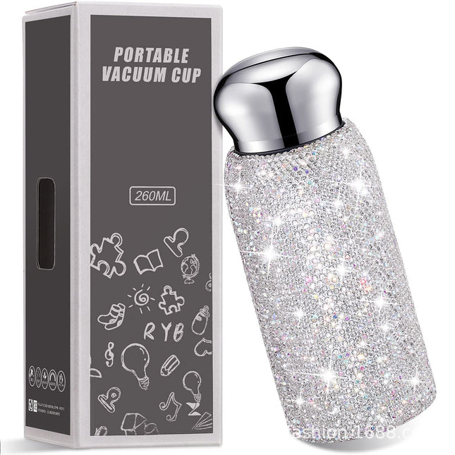 White Handmade Luxury Diamond Insulated Water Bottle Bling Rhinestone 304 Stainless Steel Pocket Mug (260ml)