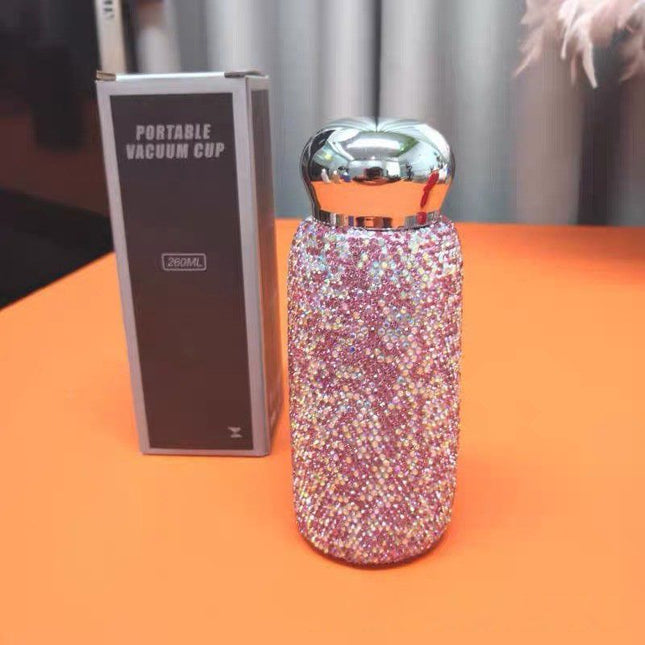 Pink Handmade Luxury Diamond Insulated Water Bottle Bling Rhinestone 304 Stainless Steel Pocket Mug (260ml)