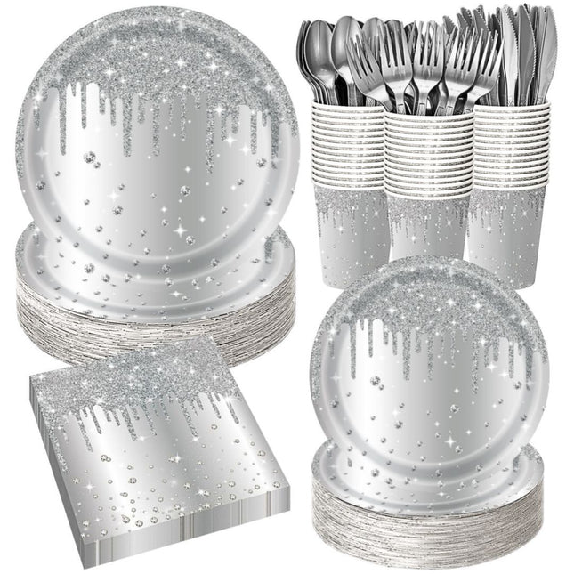 Silver Diamond Sparkle Party Tableware Set 7-Piece Set (Serves 20 People) 140pcs Disposable Paper