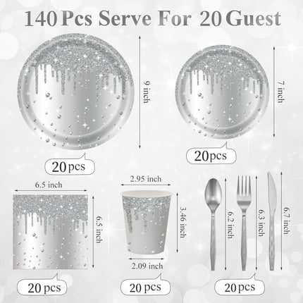 Silver Diamond Sparkle Party Tableware Set 7-Piece Set (Serves 20 People) – 140pcs Disposable Paper Plates, Tissures, Cups & Cutlery Kit for Weddings Birthdays & Parties