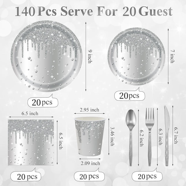 Silver Diamond Sparkle Party Tableware Set 7-Piece Set (Serves 20 People) 140pcs Disposable Paper – product detail