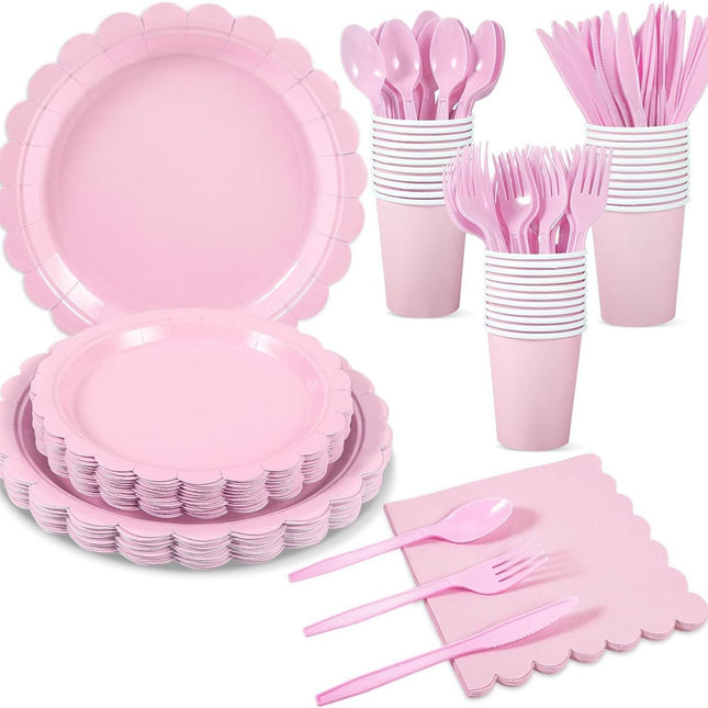 7-Piece Pink Scalloped Party Tableware Set with Floral Wavy Edges Elegant Disposable Paper Plates 7/9