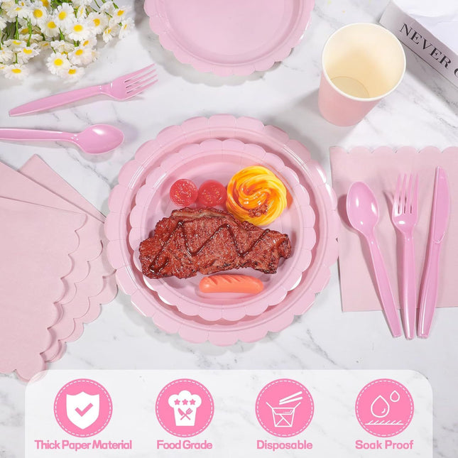 7-Piece Pink Scalloped Party Tableware Set with Floral Wavy Edges Elegant Disposable Paper Plates 7/9 – product detail