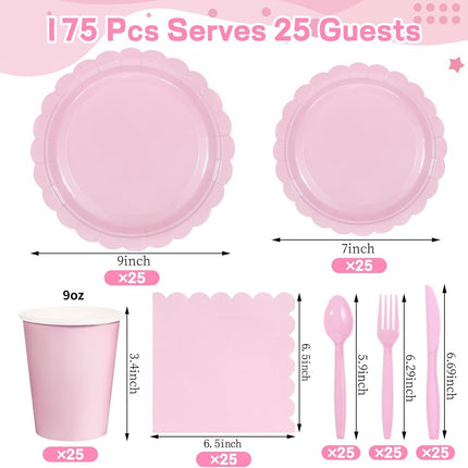 7-Piece Pink Scalloped Party Tableware Set with Floral Wavy Edges – Elegant Disposable Paper Plates 7 / 9 inch, Tissues, Cups & Cutlery Kit for Birthdays Parties and Baby Showers (Serves 25 People)