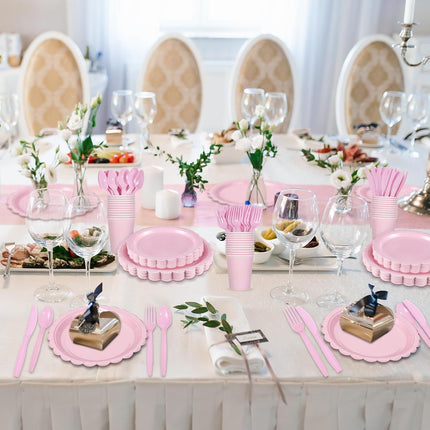 7-Piece Pink Scalloped Party Tableware Set with Floral Wavy Edges – Elegant Disposable Paper Plates 7 / 9 inch, Tissues, Cups & Cutlery Kit for Birthdays Parties and Baby Showers (Serves 25 People)
