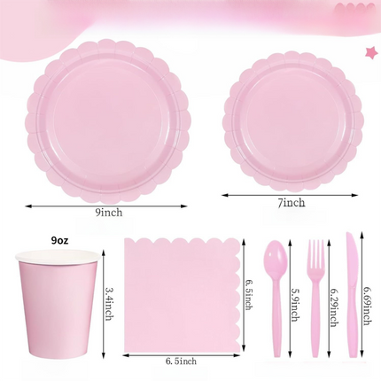 7-Piece Pink Scalloped Party Tableware Set with Floral Wavy Edges – Elegant Disposable Paper Plates 7 / 9 inch, Tissues, Cups & Cutlery Kit for Birthdays Parties and Baby Showers (Serves 50 People)