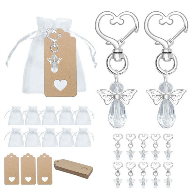 30-Piece White Guardian Angel Keychain Favor Set Crystal Angel Wings Keyrings with Kraft Tags & Organza