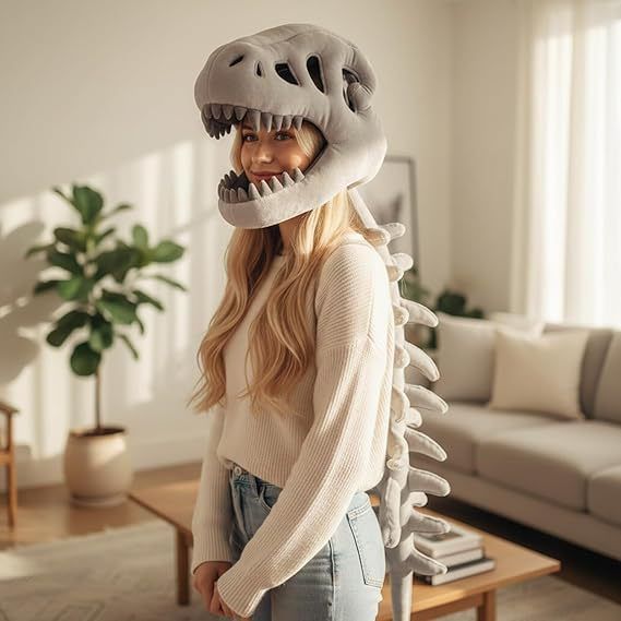 80CM Grey Funny Dinosaur Skeleton Plush Headwear Quirky Bone Fossil Plushie Hat & Huggable Doll for Party