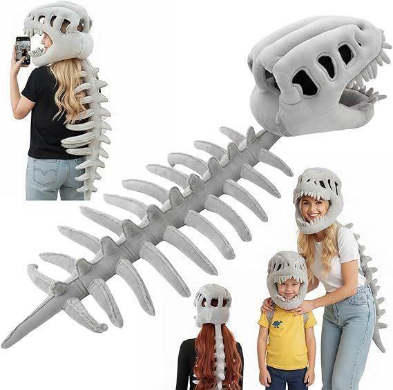 80CM Grey Funny Dinosaur Skeleton Plush Headwear Quirky Bone Fossil Plushie Hat & Huggable Doll for Party – product detail