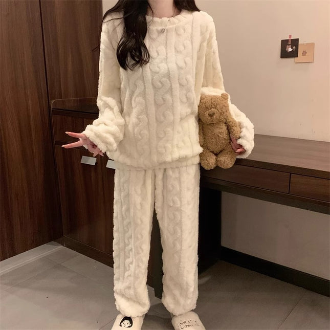 White Coral Fleece Jacquard Thermal Pajama Set Autumn/Winter Fleece-Lined Thickened Casual Loungewear